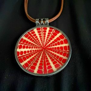 SILPADA NECKLACE, red sundial shell pendant with brown leather necklace.